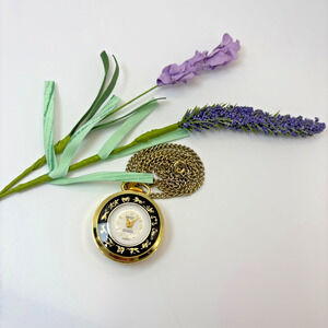 Vtg Genova Chain Pocket Watch Antimagnetic Phina Gold & Black Zodiac Astrology